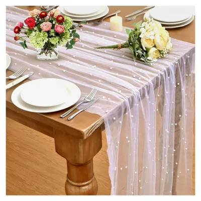 Produktbild von Tischläufer aus Tüll mit Perlen, Weiß, Spitzen Tüllstoff Netz, Tischdekoration für Hochzeiten, Brautpartys und Geburtstagsfeiern (75 x 300 cm)