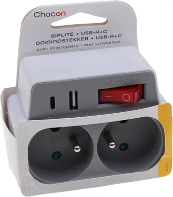 Zdjęcie produktu dla UNIVERSEEL - Domino 2x16A z USBA+USBC i przełącznikiem - biały/szary - 48150