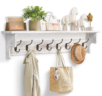 Wandgarderobe mit Ablage, massives Kiefernholz, 8 Haken, 91 cm