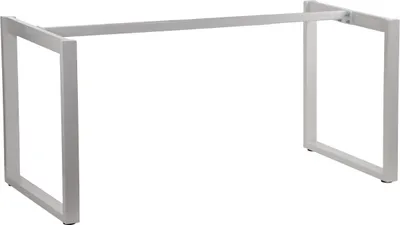A silver metal table frame on a white background.