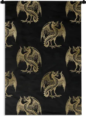 Produktbild von MuchoWow® Wandteppich Wandbehang Muster - Drache - Gold 60x90 cm Tapisserie Dekoration Wandtuch - Foto-Teppich - Abwaschbar