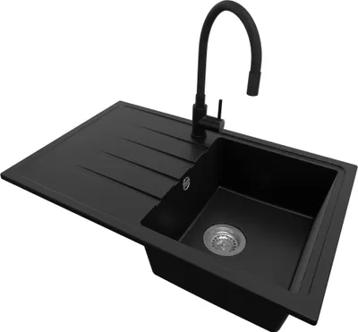 Produktbild von PRIMAGRAN Granitspüle Schwarz 78x50cm, Spülbecken 1 Becken + Küchenarmatur 40x38cm + Ablauf-Set, Küchenspüle ab 45er Unterschrank - Mailand