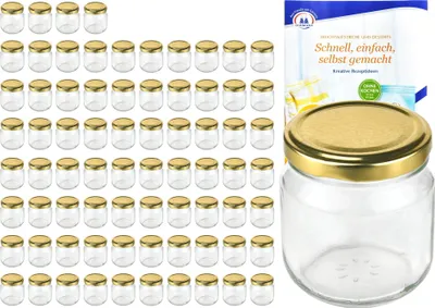Zdjęcie produktu dla zestaw 75 okrągłych słoików o pojemności 212 ml ze złotą pokrywką, w tym książeczka z przepisami