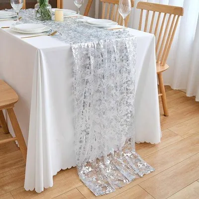 Obrázok produktu pre Biela šifónová výzdoba na stôl na svadbu, 70 x 300 cm, priehľadná, elegantná, biela