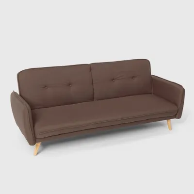 A brown sofa is shown against a light gray background.