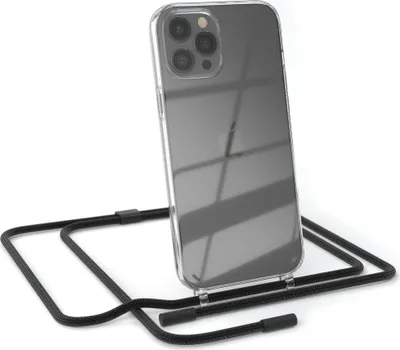 Produktbild von EAZY CASE Handykette für Apple iPhone 12 Pro Max, Clear Case aus Silikon, mit Umhängeband, abnehmbare Endstücke, Handyband in Schwarz