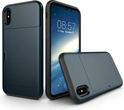 Three views of a dark blue iPhone case with a card holder slot, shown against a white background.