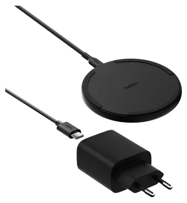 Productafbeelding van Belkin BOOST Charge draadloze oplader 15W met USB-C en netadapter, zwart. Modelnummer: WIA012kqBK