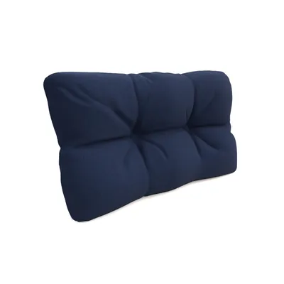 A dark blue tufted cushion is shown against a white background.