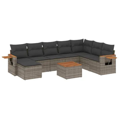 Produktbild von Modulares 9-teiliges Garten-Loungeset, Poly Rattan Grau, mit Stauraum, wasserabweisenden Kissen, Akazienholz-Armlehnen, UV-beständig