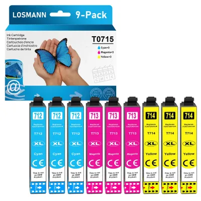 Image de Cartouches d'imprimante LOSMANN T0715 compatibles avec les modèles Epson T0712, T0713, T0714. Multipack pour Stylus BX300F, SX100, SX200, SX210, SX215, SX218, SX510W, SX400, SX410, SX415, SX600FW, SX610FW, DX4450, DX7400, DX8450 (lot de 9)