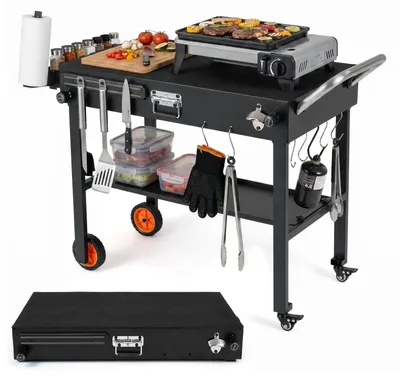 Zdjęcie produktu dla Wózek grillowy COSTWAY, składany stół grillowy, metalowy wózek serwowy na kółkach, powierzchnia robocza 82 x 46 cm, mata termoizolacyjna, stół do pizzy odporny na warunki atmosferyczne