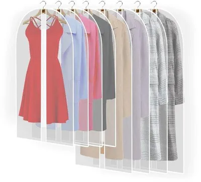Produktbild von 8-teilig Set transparente Garderobenhüllen mit Reißverschluss, Garderobenschutz für Mäntel, Abendkleider, Anzüge, transparente Schutzgarderobenhüllen, weiß