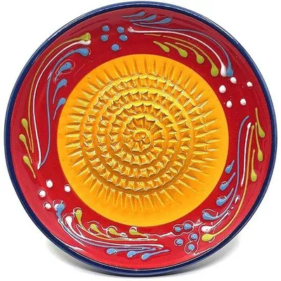 Zdjęcie produktu dla Ceramiczna miseczka do tarcia marki Kaladia, ręcznie malowana na czerwono i pomarańczowo – średnica ok. 12 cm – można myć w zmywarce