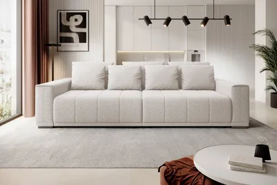 Produktbild von DomoHome MOTTA Bigsofa – Großes Sofa mit Bettfunktion, Liegefläche 175x228cm, 7-Kissen inklusive, KANSAS-Stoffbezug, zwei Bettkästen, Größe: 278x130x83cm, Farbe: Weiß