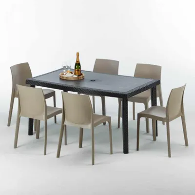 Produktbild von Poly Rattan Tisch Rechteckig mit 6 Bunten Polyrattan Stühlen 150x90 Schwarz