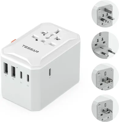 Produktbild von TESSAN Reiseadapter Weltweit mit 3 USB C und 2 USB A Reisestecker Adapter Weltweit 2500W für USA UK AU EU