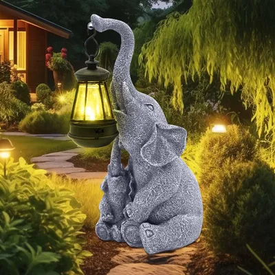 Solar-Olifantenfigur mit LED, wetterfest, 22 cm, Mutter mit Jungtier