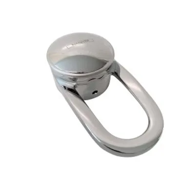 A chrome-plated faucet handle with a loop.