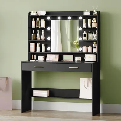 Image de Table de maquillage avec miroir, étagères, 2 tiroirs, éclairage LED, noire, dimensions : 40 x 100 x 149 cm