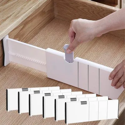 Produktbild von Famanu Schubladenteiler 6 verstellbare Teile - 28 bis 44 cm erweiterbar - Kunststoff für Küche, Schlafzimmer, Bad, Büro (weiß)