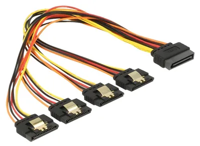 Produktbild von Kabel SATA 15Pin Stecker > 4x SATA 15Pin Buchse (schwarz/rot, 30cm)