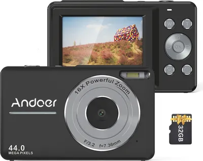 Obrázek produktu pro Andoer přenosný digitální fotoaparát 1080P, videokamera, 44 MP, automatické ostření, 2,5palcový displej IPS, 16x digitální zoom, ochrana proti otřesům, detekce obličeje, zachycení úsměvu, vestavěná baterie s paměťovou kartou 32 GB, vánoční dárek pro děti a mládež