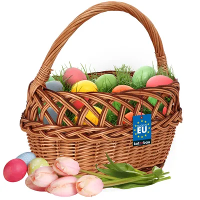 Produktbild von KOTARBAU® Einkaufskorb - Aufbewahrungskorb - Korb Geflochten - 26 x 42 cm - Pilzkorb – Korb für Obst – Picknickkorb – Naturfarbe mit braunen Streifen - Weidenkorb mit Henkel
