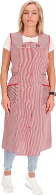 Produktbild von Knopfkittel Baumwolle gestreift Kochschürze Hauskleid Kittel Schürze Gürtel, Farbe:rot, Größe:52