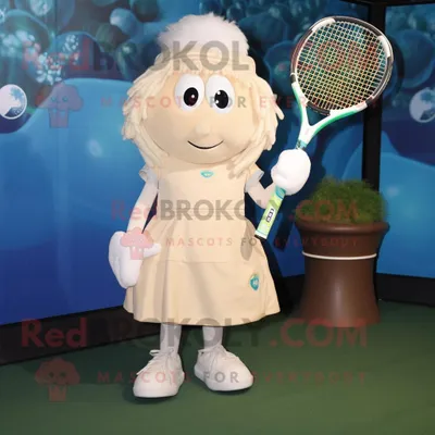 Produktbild von Cremefarbener REDBROKOLY Tennisschläger Maskottchen Kostüm charakter bekleidet mit einem Etuikleid und Messenger-Taschen