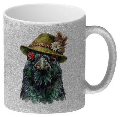 Produktbild von Auerhuhn mit alpenländischem Trachtenhut Glitzer-Kaffeebecher