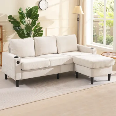 Produktbild von Odikalo Gepolstertes Loungesofa und Couch 3-Sitzer-Sofa mit 2 Getränkehaltern, Wohnzimmer, Wohnung, Schlafzimmer – L-förmiges Schlafsofa, Weiß, Leinen