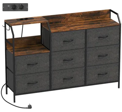 Zdjęcie produktu dla Komoda z 8 szufladami obitymi tkaniną | Kolor: Brązowy w stylu rustykalnym + czarny | Wymiary: 130,5 x 30 x 88 cm
