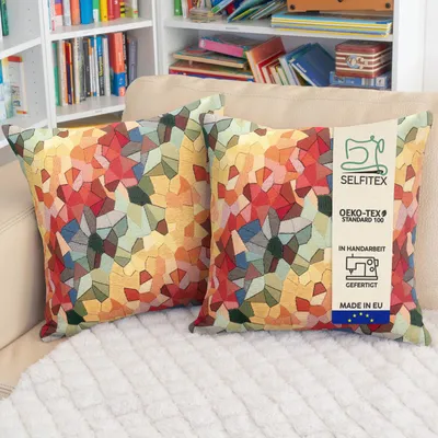 Produktbild von Selfitex 2er Set Bunte Couchkissen 50x50 cm, Sofakissen mit Füllung und Bezug, kuschelweiches Lesekissen, dekoratives Fernsehkissen, Deko- und Kopfkissen, Rückenkissen, Muster: Palma