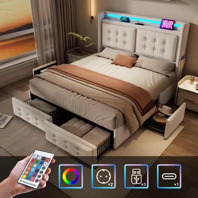 A bedroom scene featuring a modern upholstered bed with integrated LED lighting and storage drawers, with a hand holding a remote control in the foreground.