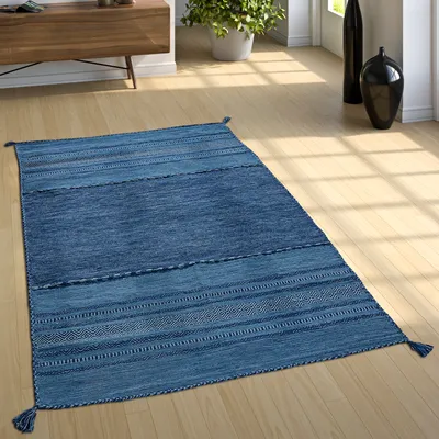 Produktbild von Designer Teppich Webteppich Kelim Handgewebt 100% Baumwolle Modern Gemustert Blau Grösse 80x150 cm
