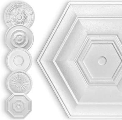 Produktbild von HEXIM Stuckrosette Styropor EPS weiß, Deckenrosette rund & eckig, Innendekor für Decke & Wand, Stuckrosette Lampe Wanddekoration Schlafzimmer Barock (50x50 cm Sechseck)