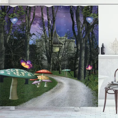 Immagine prodotto di ABAKUHAUS Tenda da doccia fantasia, foresta incantata e castello con funghi, notte stellata e sentiero al chiaro di luna, 175 x 240 cm, multicolore