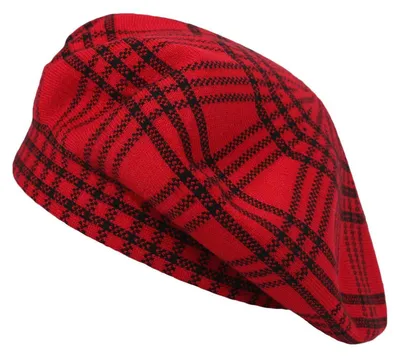 Produktbild von Baskenmütze Damen Winter Doppellagig Warm Kariert Rot