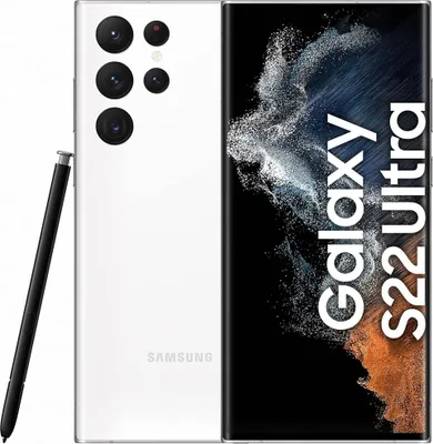 A white Samsung Galaxy S22 Ultra smartphone with its S Pen stylus is shown against a white background. The phone's screen displays marketing text.