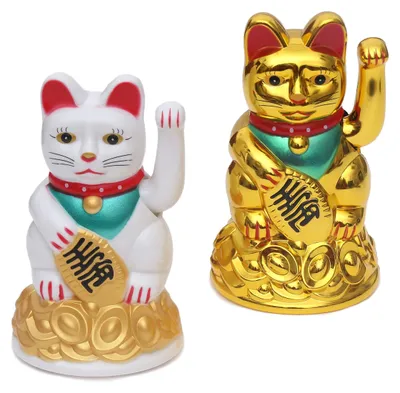 Winkende Glückskatzen-Set, 2 Stück, Gold/Weiß, 11 cm