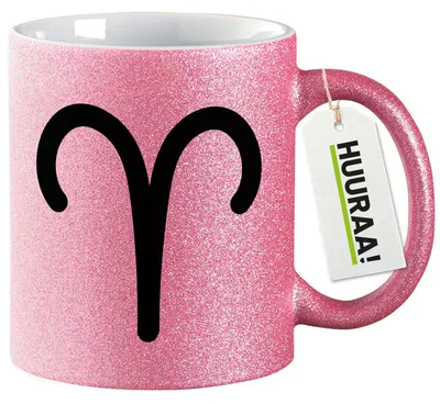 Produktbild von Huuraa Glitzertasse Widder Sternzeichen Zeichen 330ml Pink Keramik Kaffeebecher Geschenkidee
