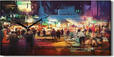 Produktbild von Leinwand Uhr Küche Wohnzimmer Bild 60x30 Kunst Stadt Straße bunt Einkaufsmarkt - schwarze Hände