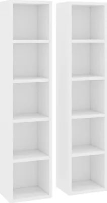 Two white, narrow bookshelves side-by-side.