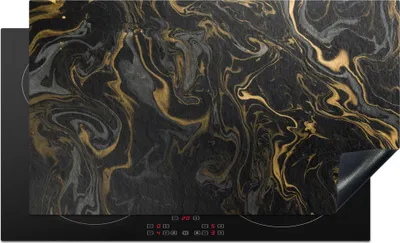 Produktbild von KitchenYeah© Herdabdeckplatte Marmor - Textur - Grau - Gold - Marmoroptik - Luxus , 91x52cm, Küche Deko, Glaskeramikkochfeld Herdabdeckung, Abdeckplatte fùr Kochfeld