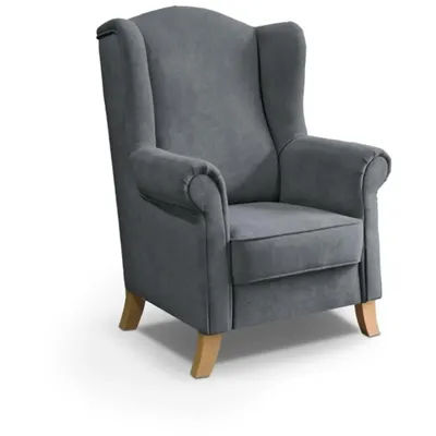 A dark gray wingback armchair with light brown wooden legs is shown against a white background.