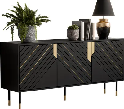 Produktbild von MIRJAN24 Kommode Mountain 3D 150, Highboard mit drei Drehtüren, Metallfüße, 154x40x72 cm, Dekoration in der Farbe Gold (Farbe: Schwarz / Schwarz + Gold)