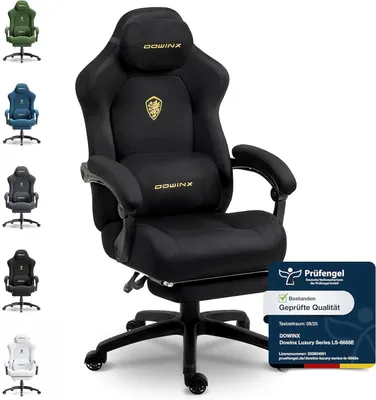 Obrázek produktu pro Ergonomická herní židle s bederní opěrkou, potažená velurem, s tlustým polstrováním, opěrkou nohou, nastavitelnými podloketníky a možností nastavení sklonu až do 160 stupňů. Barva: černá