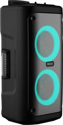 A black trolley speaker with two illuminated aqua rings.