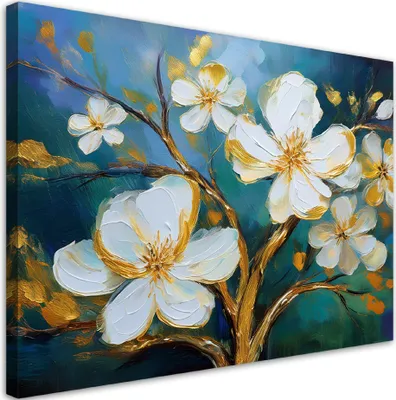 Produktbild von Leinwandbild Blühende Magnolie Gemalt 100x70 Feeby Blau bild für die wand bereit zum aufhängen